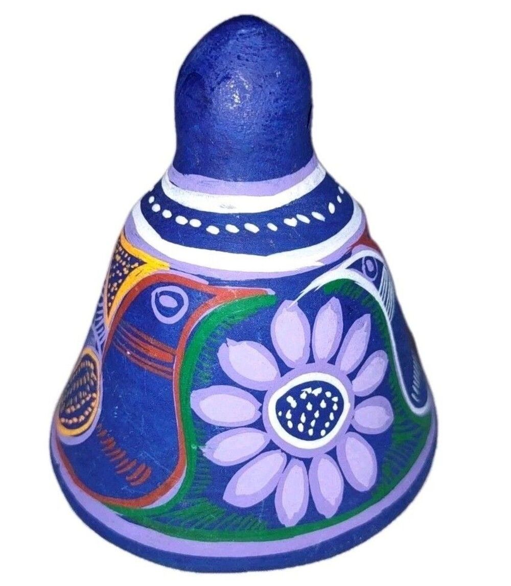 3.5" Mexico Handmade Hand Painted Clay Pottery Bell Colorful Vintage Flower Bird
